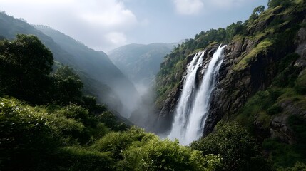 Fototapeta premium A majestic waterfall cascades down a lush green mountain valley with mist rising from its base