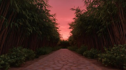 A stone pathway leads through a dense bamboo forest at twilight under a vibrant crimson sunset