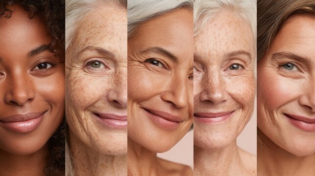 Celebrating the beauty of aging: A diverse collection of women's portraits showcasing natural grace, wisdom, and timeless elegance across different generations and ethnicities.