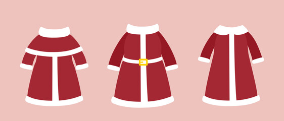 Mrs Claus costume flat vector illustration set.
Cute Santa wife Christmas outfit clipart.
Mrs Claus kitchen apron Christmas costume design.