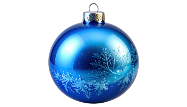 A single bright blue Christmas ornament with frost pattern.