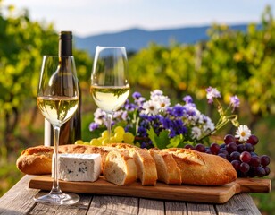 Two wine glasses, baguette, cheese
