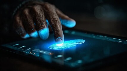 Fingerprint scanning on tablet in dimly lit room - Powered by Adobe
