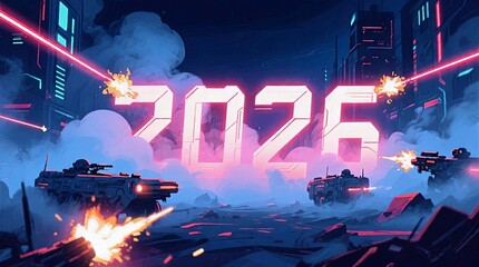 Neon Lit Night Battle With Armored Tanks Trading Fire Amid Smoke And Rubble, Giant Glowing Pink 2026 Backdrop, Futuristic Battle Scene