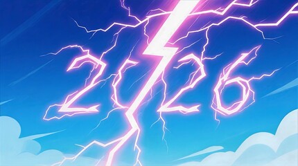 Bright Pink Lightning Forms Jagged 2026 Across Vibrant Blue Sky With Scattered White Clouds, Energetic Electric Scene, Electric Sky Lightning