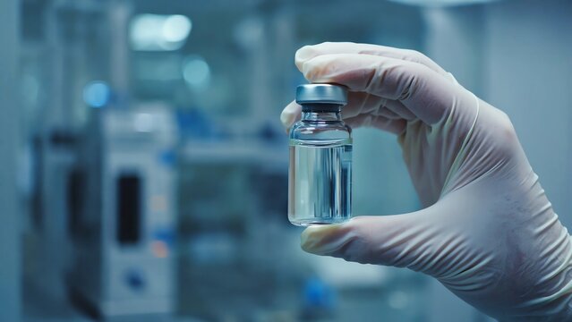 Close-up of a gloved hand holding a clear glass vial containing a sterile liquid solution, likely a vaccine or injectable drug