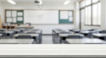 A blurred classroom with desks and a whiteboard in the background
