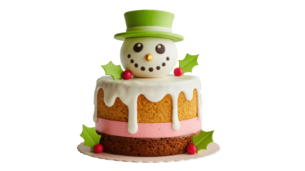 Whimsical christmas snowman cake with dripping icing and festive holly decorations isolated on transparent background