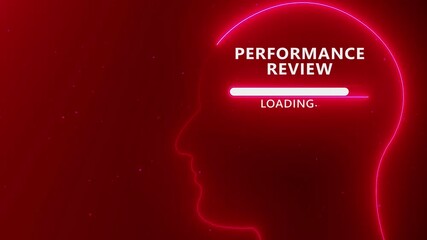 Neon outline of a human head profile with the words PERFORMANCEREVIEW and a loading bar inside on a dark red background with glowing particles