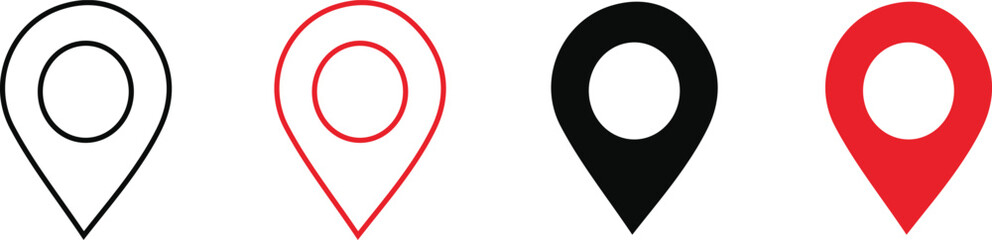 “Red and Black Location Pin Icons — GPS Map Marker Vector Set for Navigation, Travel Apps, and Directional Interface Design Elements”