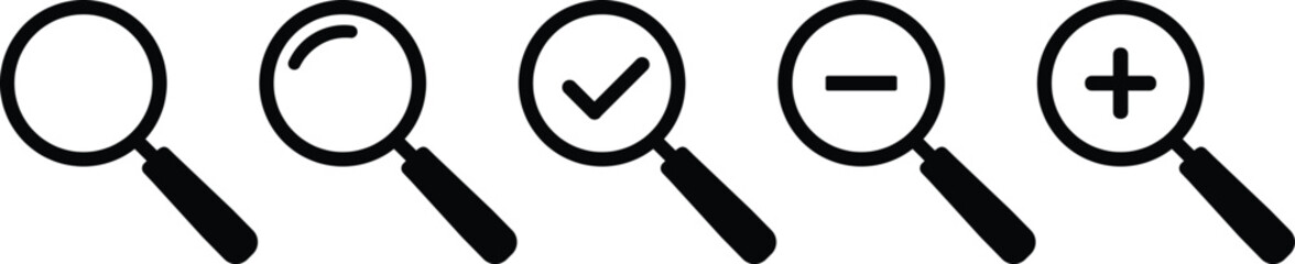 &ldquo;Magnifying Glass Search Icons Set &mdash; Zoom In, Zoom Out, Check Mark, Plus and Minus Symbol Lens Tools for UI/UX Interfaces, Digital Research, Exploration, Review, Analysis, 