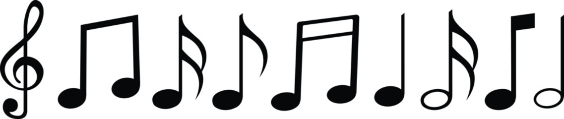 &ldquo;Musical notes vector set featuring treble clef and assorted rhythm symbols including whole, half, quarter, eighth, and sixteenth note icons, ideal for sheet music designs, school arts, concert poster