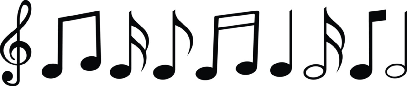 &ldquo;Musical notes vector set featuring treble clef and assorted rhythm symbols including whole, half, quarter, eighth, and sixteenth note icons, ideal for sheet music designs, school arts, concert poster