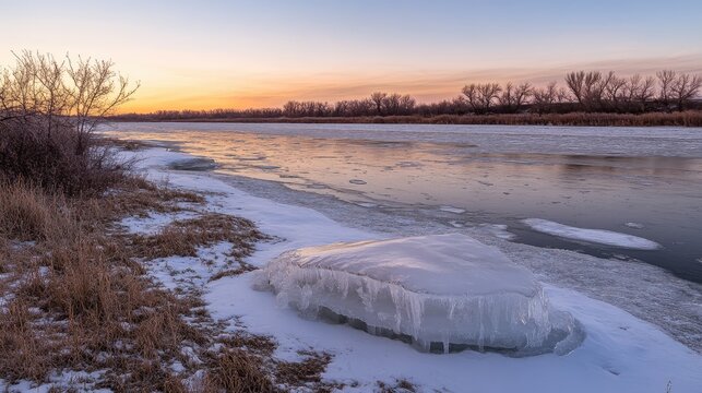 A frozen river with intricate ice formations at sunrise - Powered by Adobe