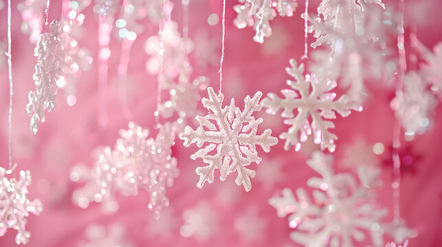 Delicate snowflakes on a pink Christmas background.