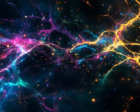 An abstract, dark visualization of the internet or network data as a vibrant, chaotic web of glowing light streams in blue, pink, and orange against deep space.