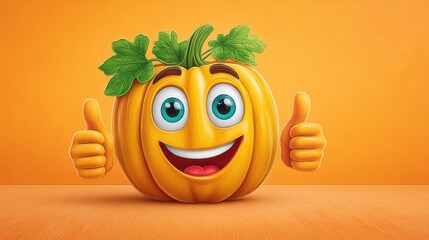 A cheerful cartoon pumpkin character with big blue eyes and a wide smile on an orange background. Perfect for fall and Halloween themes.