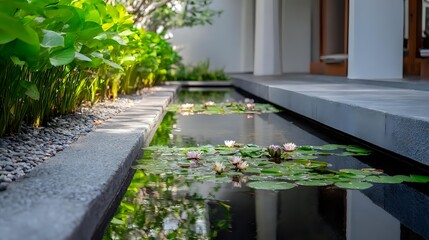 Water lilies in a modern reflecting pool serene and tranquil ideal for landscape design and architectural visualization