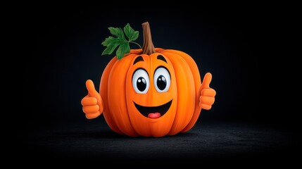 A cartoon pumpkin with a wide smile, big eyes, and a thumbs-up gesture against a dark background. A bright and positive character for fall and Halloween content.