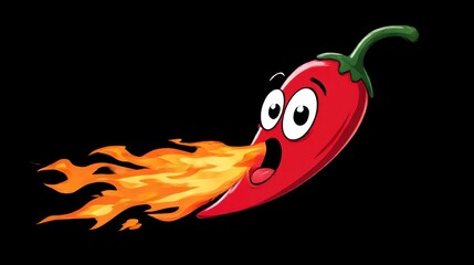 A cartoon red chili pepper with a surprised face and fiery breath on a black background. A vibrant image for spicy food and culinary humor.