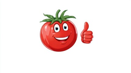 A cartoon tomato smiling and giving a thumbs-up gesture on a white background. A fun character for healthy eating, advertising, and children's projects.