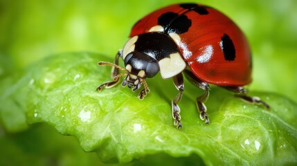 Fototapeta premium A ladybug on a vibrant green lettuce leaf up close