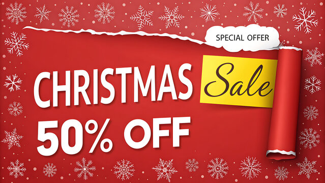 Festive red christmas sale announcement with 50 percent off discount and snowflakes - Powered by Adobe