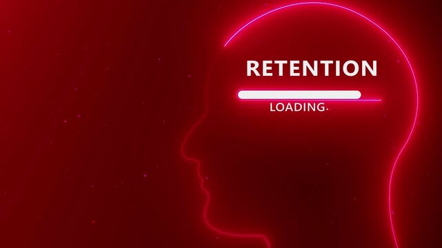Neon outline of a human head profile with the word RETENTION and a loading bar inside on a dark red background with glowing particles