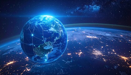 Digital globe floats over a blurred earth with city lights, connected by a glowing grid, against a cosmic background