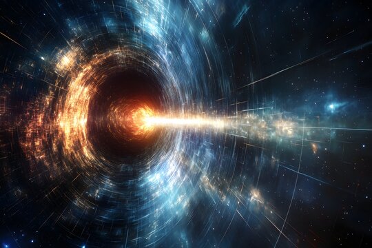 An artistic representation of a cosmic wormhole or warp tunnel, with light streaks forming a circular vortex of blue and fiery orange energy in deep space.