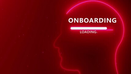Neon outline of a human head profile with the word ONBOARDING and a loading bar inside on a dark red background with particles