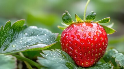 A single dew kissed strawberry nestled among fresh green leaves