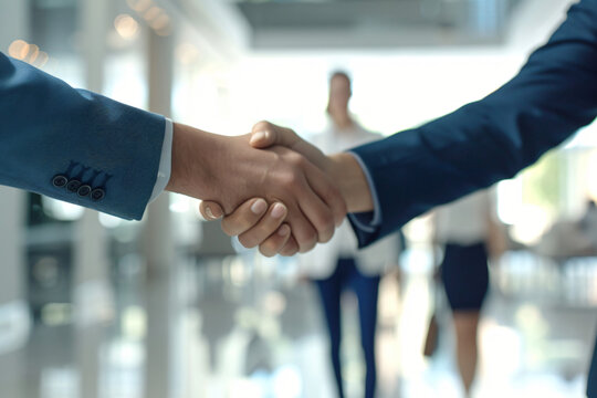 business partners sealing a deal in an office lounge with minimalist decor, handshake close-up capturing determination and respect, blurred colleagues walking in the background