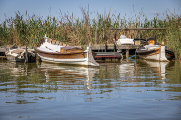 Boats  on the lake in Parque Natural de la Albufera, Valencia, Spain