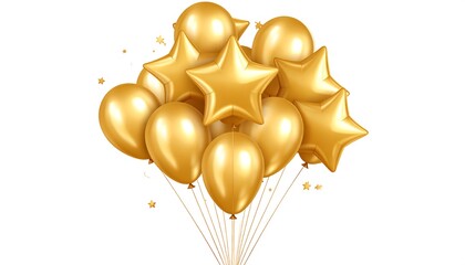 Gleaming gold balloons, some star-shaped, rise with thin strings, accompanied by tiny stars on a crisp white backdrop