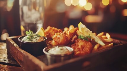 British fish and chips with tartar sauce on a wooden tray