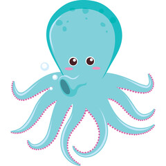 Cute blue octopus with pink accents on tentacles blowing bubbles underwater cartoon illustration with transparent background