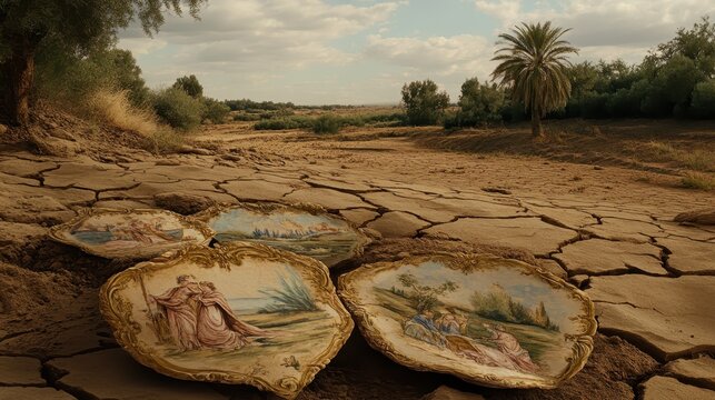 Broken ceramic shards depicting scenes on arid landscape