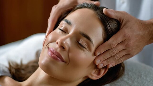 Serene Massage Session: A woman embraces tranquility as a pair of hands gently massages her face, offering a moment of pure relaxation and well-being. - Powered by Adobe