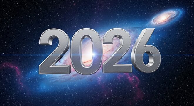 Silver 2026 numbers with glowing light and nebula effect isolated on white background