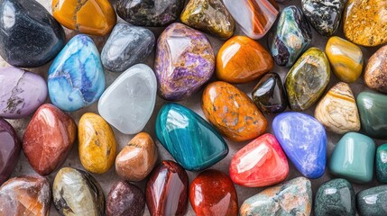 Assortment of Polished Colorful Gemstones in Macro Shot