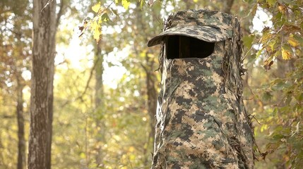 Camouflaged hunting observation blind in a woodland setting