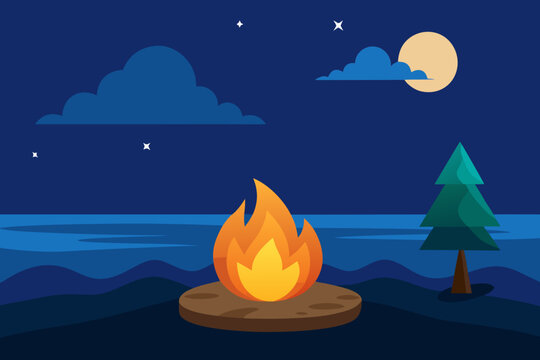 Cartoon beach bonfire scene at night vector illustration