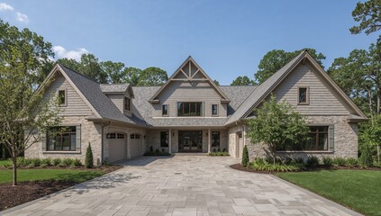 Naklejka premium Exterior home design with lavender accents slate elm panoramic windows
