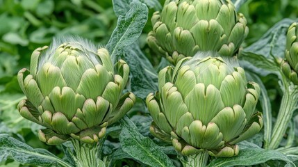 Fototapeta premium Artichoke plants with leaves in close up natural sunlight