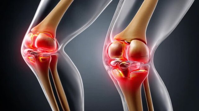 Knee Joint Anatomy in Red: Illustrative anatomical representation of a knee joint afflicted with an inflammatory condition, with emphasis on the inflamed areas