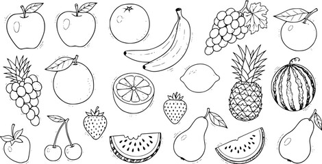 Hand drawn fruit doodles collection featuring various popular fruits