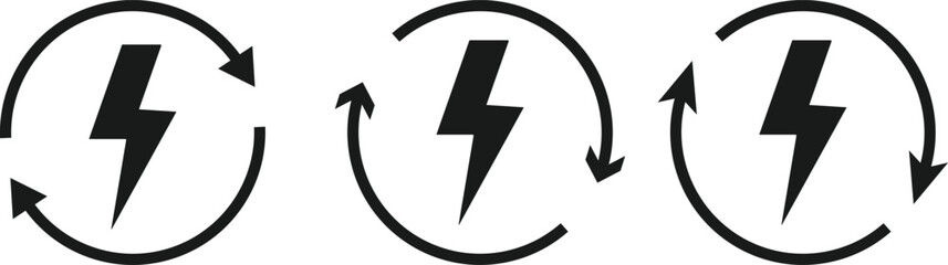 Lightning Bolt and Circular Arrow Icon Set. Energy Refresh and System Update symbol. Power Efficiency Symbol sign