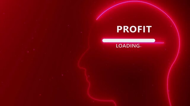 Neon outline of a human head profile with the word PROFIT and a loading bar inside on a dark red background with particles