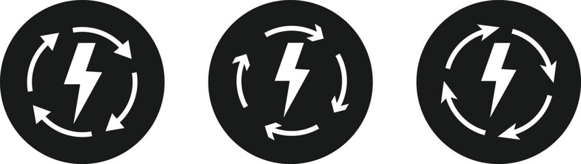 Lightning Bolt and Circular Arrow Icon Set. Energy Refresh and System Update symbol. Power Efficiency Symbol sign